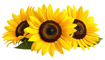 Fototapeta premium Three vibrant sunflowers, close-up view, displaying bright yellow petals and dark brown centers, with overlapping blooms and slight leaf detail