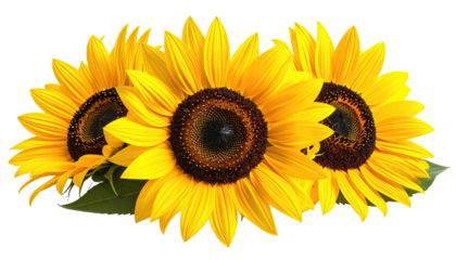 Three vibrant sunflowers, close-up view,  displaying bright yellow petals and dark brown centers,  with overlapping blooms and slight leaf detail