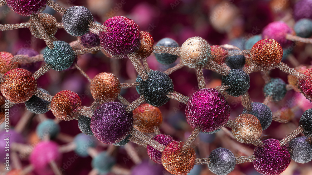 Aufkleber colorful spheres connected by thin strands forming a complex network a microscopic view of molecular