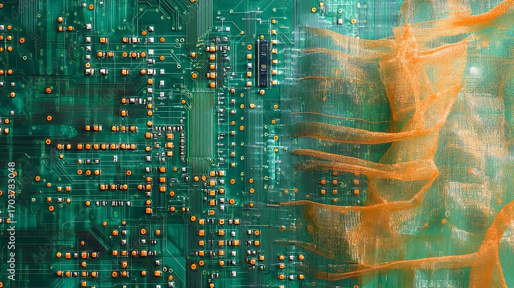 Poster a tech circuit board visualized with several protective encryption veils