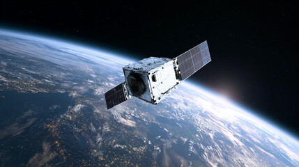 Satellite orbiting Earth nighttime city lights visible from space