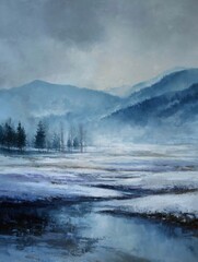 Serene Winter Landscape with Snowy Mountains, Misty Trees, and Frozen River – Peaceful Nature Scenery for Calm Visual Storytelling and Atmospheric Compositions