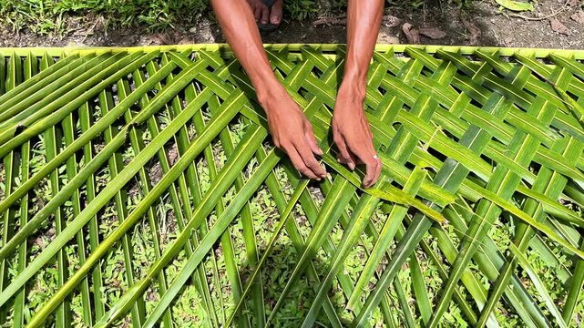palm leaf basket weaving, asian traditions, authentic handcraft