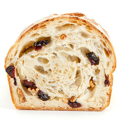 Slice of artisan bread with raisins and walnuts, showcasing airy crumb and golden crust