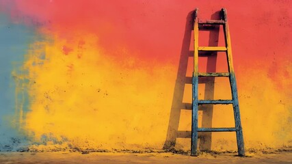 Old wooden ladder against a vibrant, colorful wall