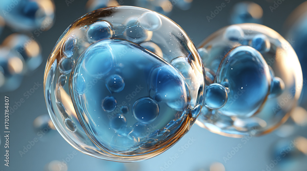 Aufkleber blue spheres containing smaller bubbles float in a liquid a microscopic view of cellular structures
