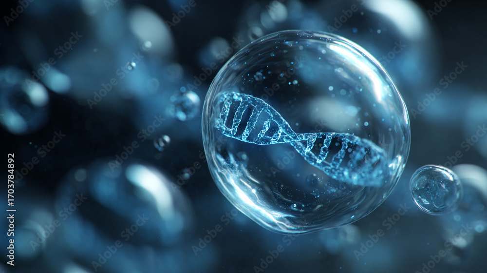 Poster dna double helix inside a translucent sphere surrounded by bubbles a scientific visualization