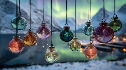 Colorful glass ornaments hanging with aurora borealis and snowy mountains in the background view scenery