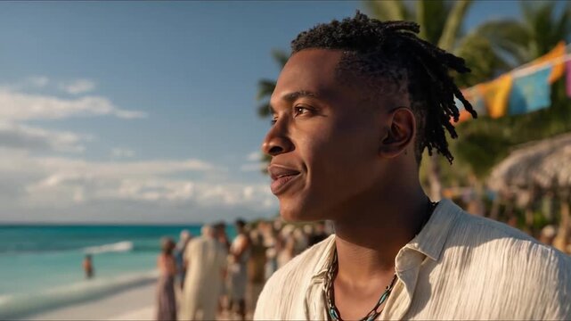 Smiling man in a light shirt on a sunny tropical beach, with a crowd in the background and colorful flags strung along the shore.