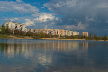 Fototapeta premium Sievierodonetsk: Chystoye Lake and Housing Quarters Before Conflict