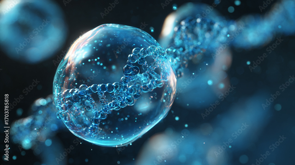 Poster dna double helix inside a translucent sphere surrounded by bubbles a microscopic view of genetic mat