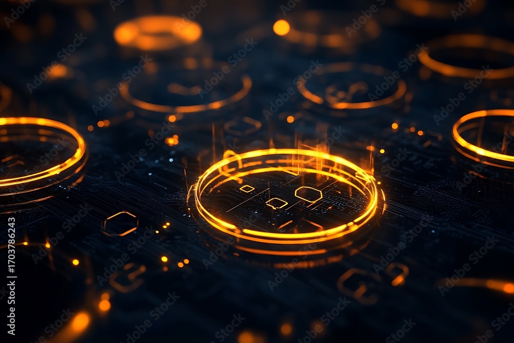 Poster digital rings layered around a glowing chip representing encryption firewalls