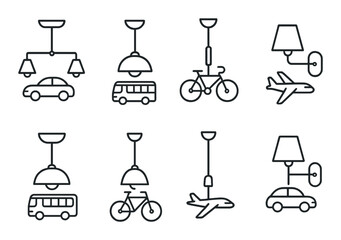 Obraz premium Minimalist icon set of lighting fixtures and transportation modes