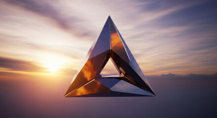 Geometric Prism Reflecting Sunset Sky with Fiery Hues.