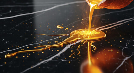 Luminous molten gold liquid pouring from a crucible forming a key shape on a reflective surface.