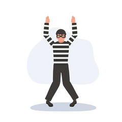 robber character wearing striped outfit black mask surrendering by hands raised