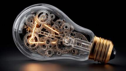 Glowing lightbulb filled with intricate gears and mechanics innovative design