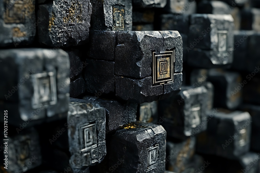 Poster stacked digital bricks of code with protective encryption symbols embedded