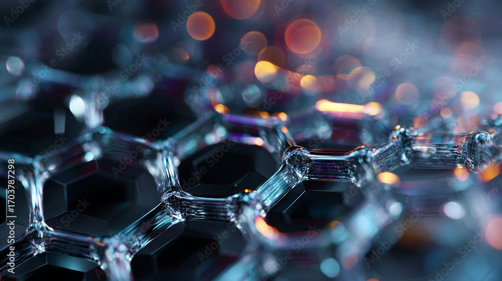 Poster abstract hexagonal glass structure glowing with colorful lights a detailed close up