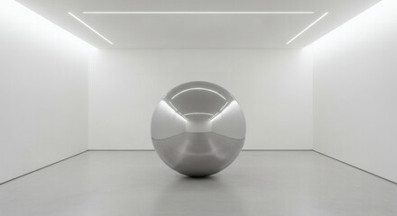 Large Reflective Silver Sphere Sculpture in a White Room.