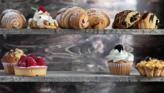 Delicious Pastry Shop Croissants, Cupcakes, Tarts, Raspberry Treats