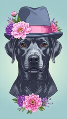 Dog in hat, floral collar