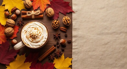 Autumnal Coffee Drink with Fall Leaves and Nuts.