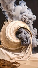 Abstract swirling form in beige and grey, smoke, desert