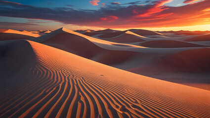 Dramatic sunset over vast desert sand dunes clouds