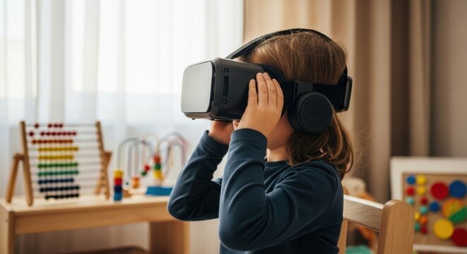 Caucasian child using vr headset in playroom with educational toys