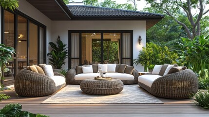 Outdoor patio furniture set in a modern Asian-style home.  Spacious deck with wicker furniture, cream cushions.  Sunlight streams in
