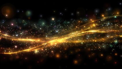 Obraz premium Golden swirling lines, vibrant particles on a black background