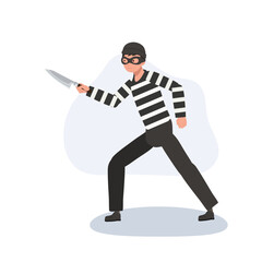 a burglar wearing striped clothes and mask holding a knife portraying a crime situation