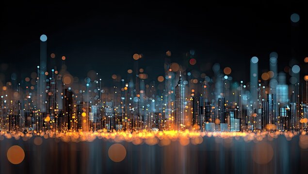 A stylized cityscape at night, rendered with glowing points of light representing buildings, creating a futuristic and abstract feel.  The base glows with a warm light