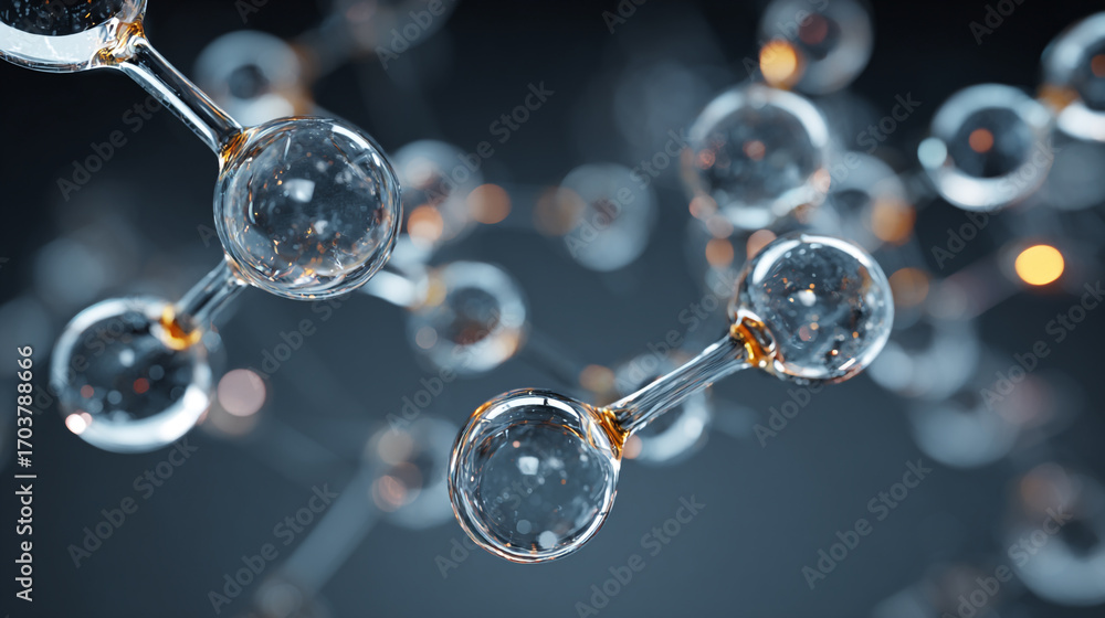 Poster abstract image of molecular structure with transparent spheres connected by rods against a dark back
