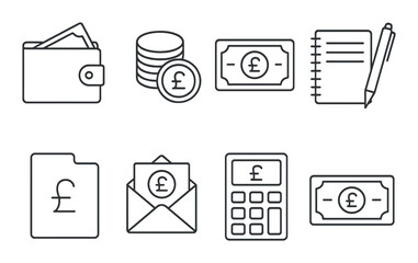 Financial icons set featuring wallet, coins, currency, notebook, calculator, and documents