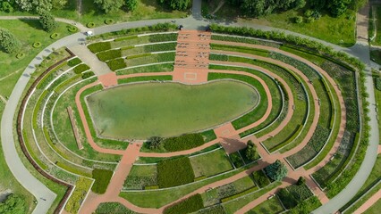 Aerial drone top view of amphitheater in Poznan Cytadela Park
