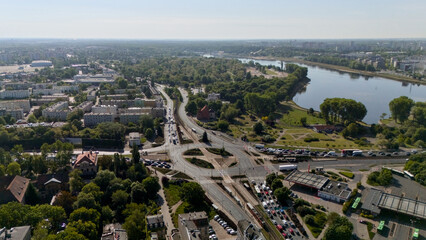 Aerial view of Poznan city roads and Warta river