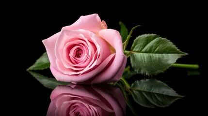 Fototapeta premium Beautiful pink rose with delicate petals resting on a reflective surface against a dark background, showcasing its natural elegance and grace