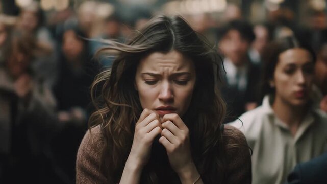 Stressed, anxious woman in a crowded street at peak hour. Panic attack or overwhelmed.