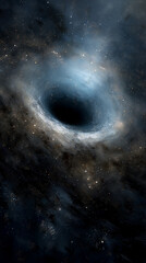 a black hole at the center of space, surrounded by stars and dust swirling around it