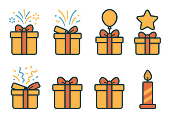 Colorful gift box collection with festive elements and candle on brown background