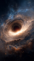 a black hole at the center of space, surrounded by stars and dust swirling around it