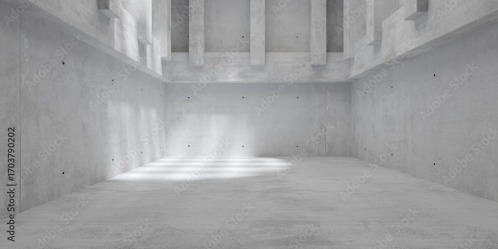 Poster abstract empty, modern concrete room with row of beams and supporting pillars with grid shadow and r