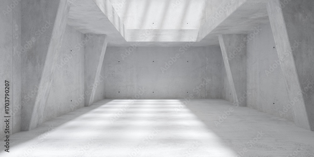 Poster abstract empty, modern concrete room with gallery and supporting angled pillars with grid shadow and
