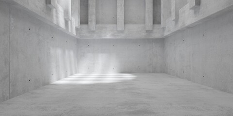 Abstract empty, modern concrete room with row of beams and supporting pillars with grid shadow and rough floor - industrial interior background template