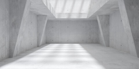 Abstract empty, modern concrete room with gallery and supporting angled pillars with grid shadow and rough floor - industrial interior background template
