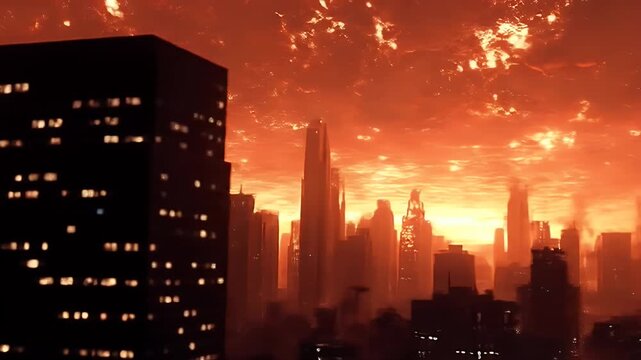 Post-apocalyptic cityscape at fiery sunset