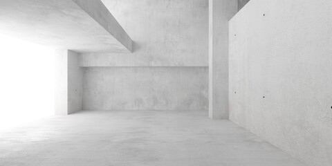 Abstract empty, modern concrete room with large window, gallery and rough floor - industrial interior background template