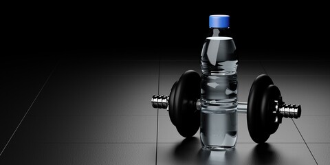 Single fitness gym workout dumbbell with water bottle on gym mat floor background with copy space, healthy lifestyle, hydration or fitness concept, copy space